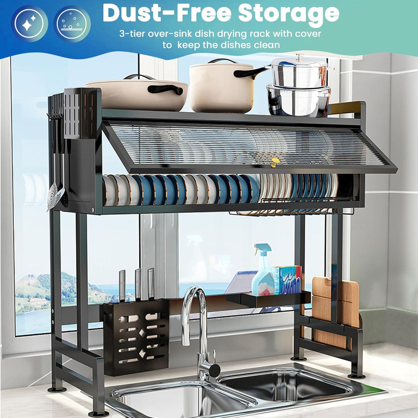 رف تجفيف الأطباق من الفولاذ المقاوم للصدأ بثلاثة طوابق مع غطاء - موفر للمساحة ومنظم