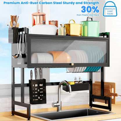 رف تجفيف الأطباق من الفولاذ المقاوم للصدأ بثلاثة طوابق مع غطاء - موفر للمساحة ومنظم